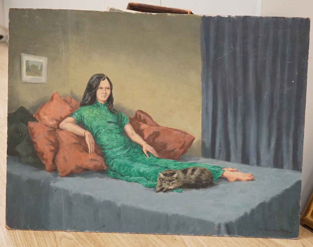 Victor Coverley-Price (1901-1988), oil on board, Study of a reclining woman wearing green, signed, 46 x 61cm, unframed. Condition - fair